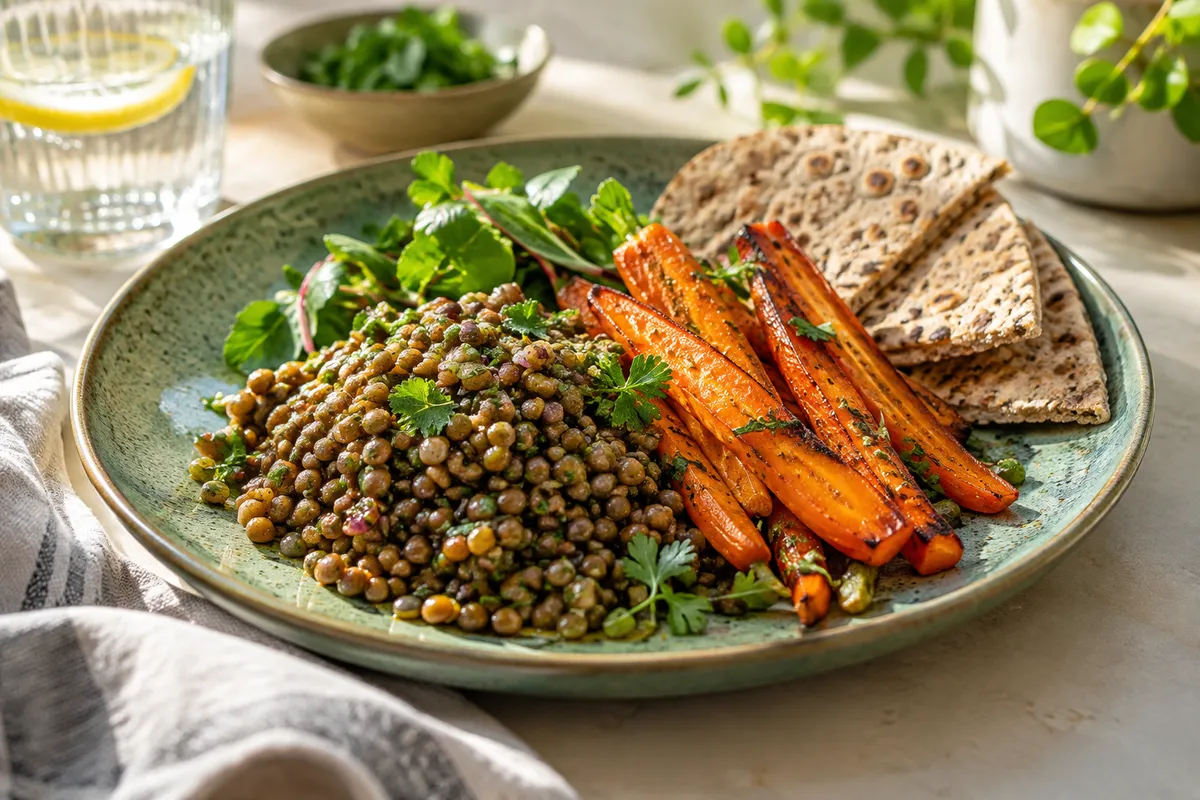A modern lentil and vegetable lunch with wholegrain flatbread